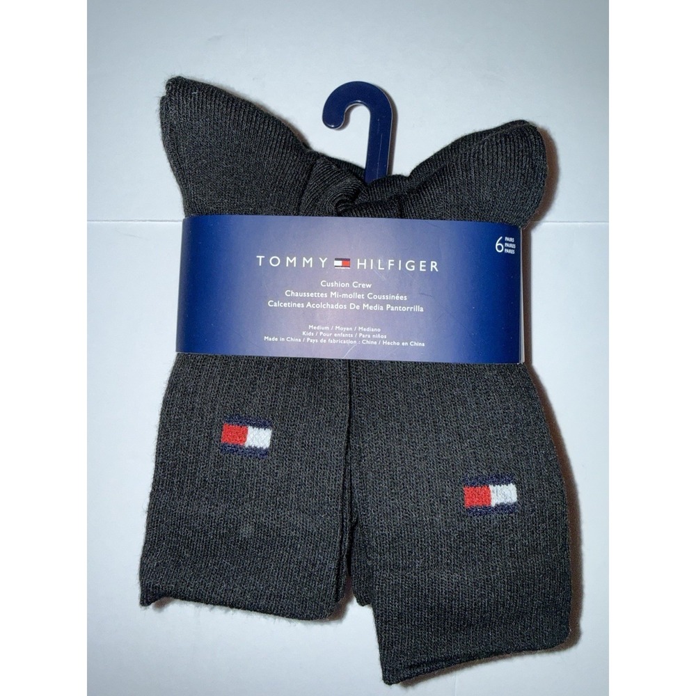 Tommy Hilfiger Boys 6 Pack Crew Socks Black Cushion Medium Logo School Kids